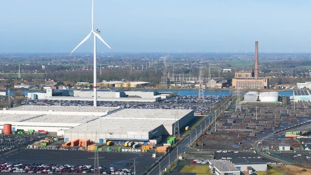 high vast industrial parking area vehicles car gent plant seaport ghent where thousands newly manufactured neatly staged angle drone shot of belgium 