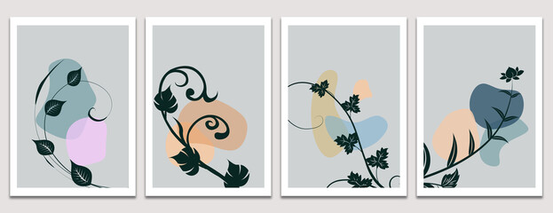 Botanical wall art vector set. Foliage line art drawing with abstract shape. Abstract Plant Art design for print, cover, wallpaper, Minimal and natural wall art. Vector illustration. © Facanv