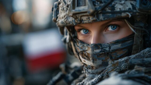 373Close-up cinematic portrait of masked Polish soldier, piercing eyes and helmet details in sharp focus, national flag softly blurred behind, gritty yet proud mood, duty and national