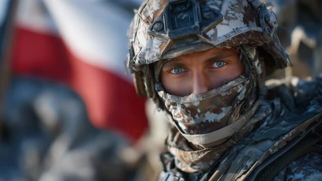 374Close-up of Polish soldier&rsquo;s masked face, helmet and camouflage detailed, blurred red-and-white flag behind waving slightly, soft cinematic glow accentuating intensity and stoic pr