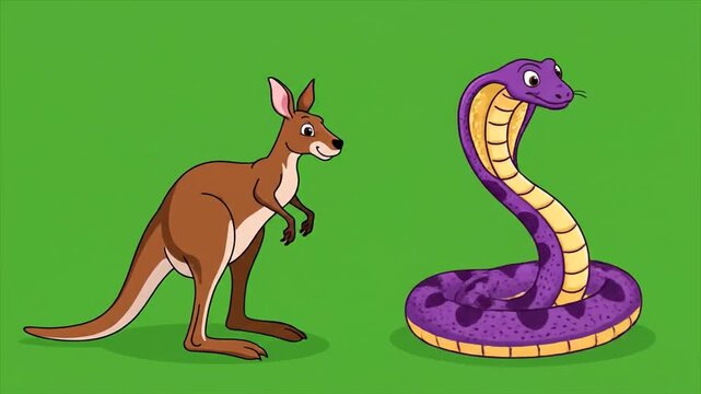 Animated kangaroo and purple cobra snake cartoon characters on green background perfect for educational kids content