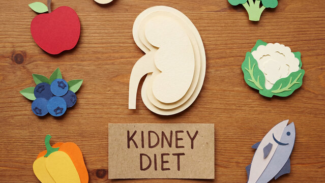 Kidney diet renal nutrition concept showing organ health food choices with paper cutout design for chronic kidney disease management and therapeutic dietary restriction education