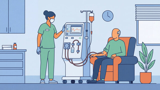 Kidney dialysis treatment medical illustration showing hemodialysis procedure with patient receiving renal replacement therapy for chronic kidney disease management and care