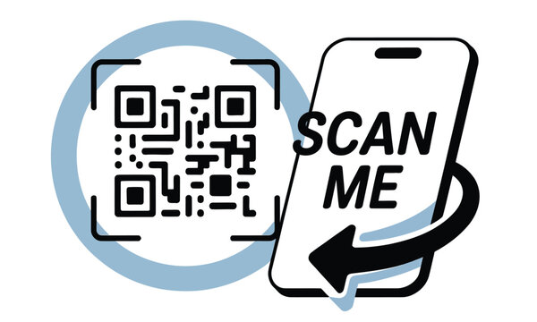 Scan QR code from smartphone illustration showing phone reading barcode with scan me concept for digital interaction