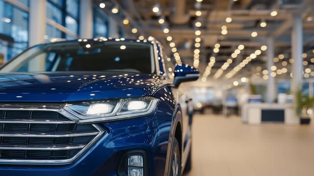 390Luxury SUV parked under warm showroom lighting, glossy paint and chrome details reflecting surroundings, high-end engineering and craftsmanship highlighted, dealership interior sof