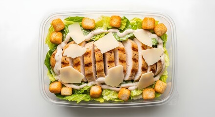 Delicious Grilled Chicken Salad, Fresh Ingredients, Kitchen, Food Photography, Bright Lighting, Top View, Healthy Meal Concept