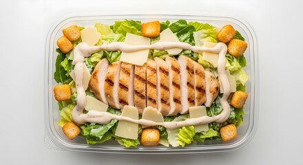 Healthy Meal Preparation, Grilled Chicken Salad, Kitchen, Food Photography, Bright Lighting, Top View, Nutritional Concept