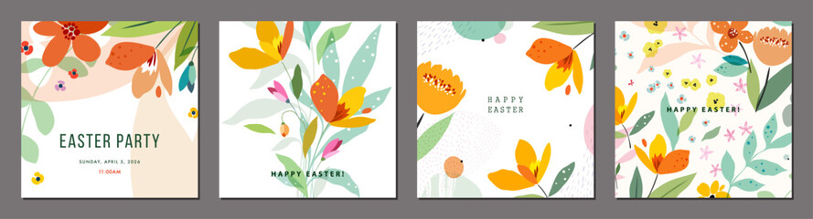 Easter square greeting cards for spring decor in vibrant colors. Floral art set with decorative flowers, floral frames and backgrounds. For Mother’s Day, Birthday, Wedding and Baby invitations. 