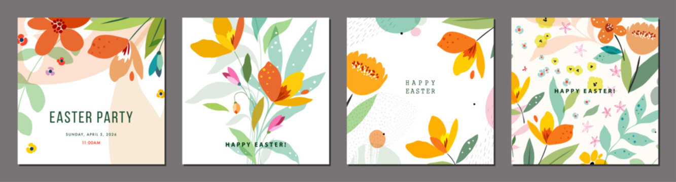 Easter square greeting cards for spring decor in vibrant colors. Floral art set with decorative flowers, floral frames and backgrounds. For Mother&rsquo;s Day, Birthday, Wedding and Baby invitations. 