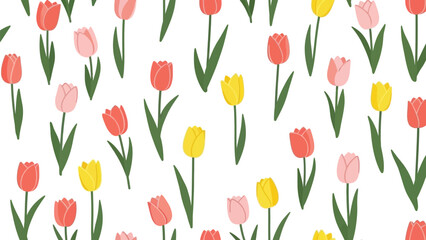 Illustration of tulip pattern with red, yellow, and pink flowers on green stems. The design has a cheerful, spring-like feel.