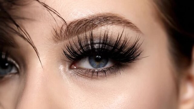 Close-up of a womans eye with dramatic makeup and long eyelashes, showcasing beauty and cosmetic artistry.