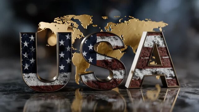 422USA spelled out in 3D letters with stars-and-stripes pattern, golden world map below softly illuminated, subtle metallic sheen on letters, patriotic Americana design with global pe