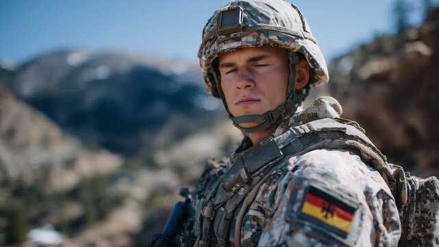428Side-angle close-up of unrecognizable German soldier, detailed uniform and German flag patch prominent, helmet and body armor textures highlighted, cinematic focus on military prof