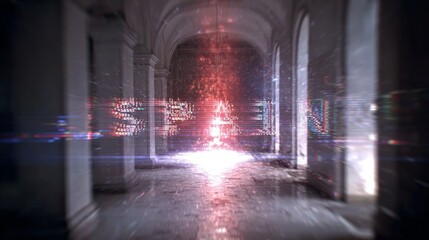 Naklejka premium A cinematic glitch effect in a dimly lit corridor, showcasing vibrant colors and dynamic patterns of light