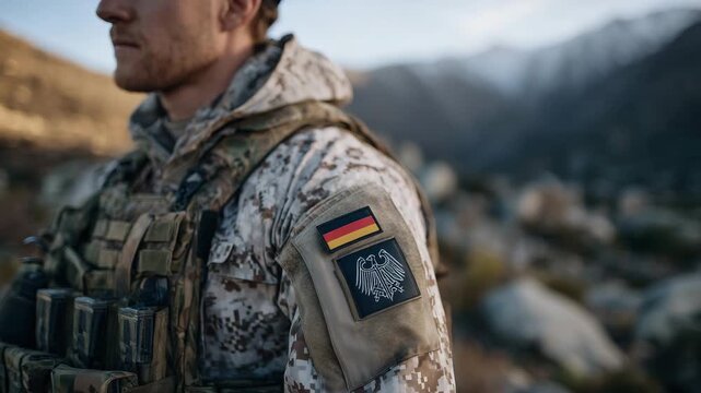 434German soldier in tactical uniform, close-up on upper body and shoulder, flag patch visible, muted background with soft bokeh, cinematic lighting emphasizing texture and realism