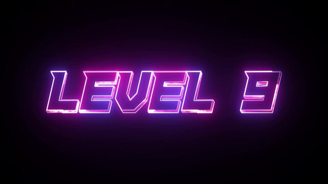 Glowing neon text Level 9 icon animation. Level nine message. Game displaying level 9