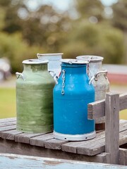 Vintage Milk Cans on Rustic Wooden Bench Outdoors