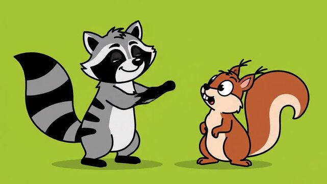 Animated raccoon and squirrel interaction on green background cute cartoon animals bonding in friendship dynamic