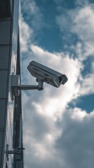 Surveillance camera mounted on a building exterior against a backdrop of blue sky and white clouds during daytime