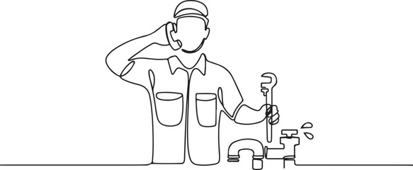 Single one line drawing plumber stands with call me gesture and holding carpentry tool fixing broken plumbing at home. Success business. one line Icon drawing © them