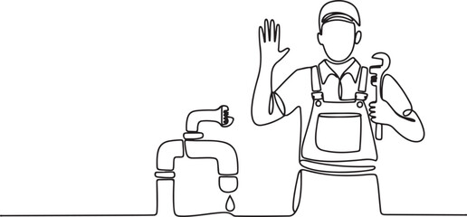 Single one line drawing plumber stands with call me gesture and holding carpentry tool fixing broken plumbing at home. Success business. one line Icon drawing © them