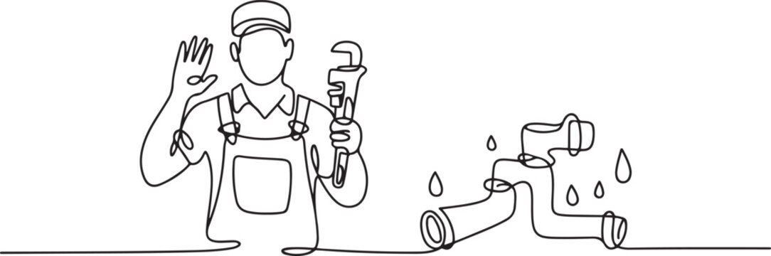 Single one line drawing plumber stands with call me gesture and holding carpentry tool fixing broken plumbing at home. Success business. one line Icon drawing