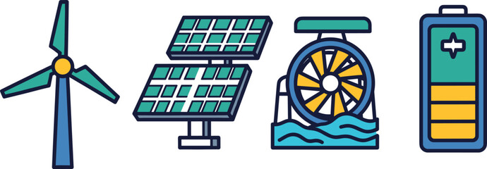 Wind turbine renewable energy icon, solar panel sustainable power illustration, hydroelectric water wheel clean energy symbol, battery storage eco-friendly electricity concept design © MSTESMOTARA
