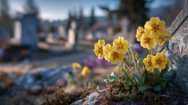 467Yellow flowers thriving beside old gravestone, springtime sunlight highlighting engraved letters and petals, blurred trees and tombstones in background, peaceful and contemplative