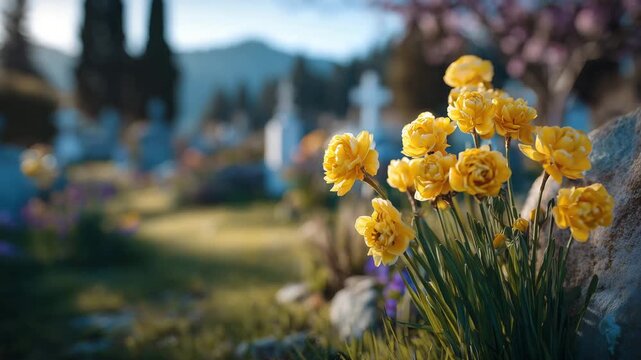 468Yellow flowers growing in clusters next to gravestone, sunlight casting soft shadows on fresh green grass, background of spring trees and blurred gravestones, intimate and calm cem