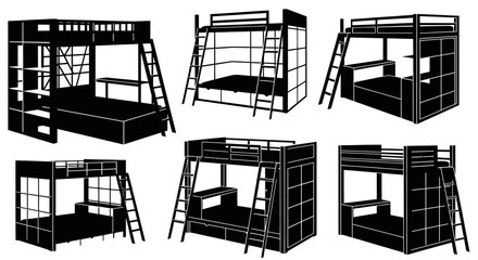 Detailed black and white illustrations of six different bunk bed designs with ladders and railings on a plain white background for interior design and furniture concepts © Kamola