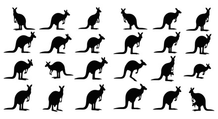 Fototapeta premium Collection of black kangaroo silhouettes in various poses on white background animal icons