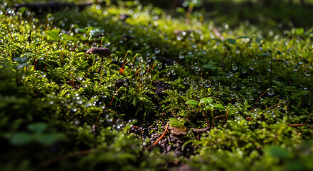 A close-up view of a lush green mossy area