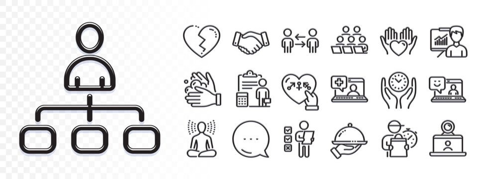 Yoga, Genders and Teamwork business line icons for web app. Glare of light effect. Message icon. Pack of Smile, Teamwork, Wash hands pictogram icons. Vector