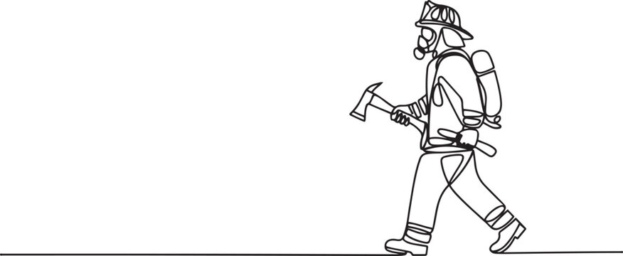 Single continuous line drawing firefighter in full uniform walking while carrying an axe. Glass breaking tools. Helping victims. International Firefighters Day. one line Icon drawing
