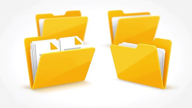 Vibrant yellow file folders, both open with documents and closed, symbolizing digital data organization, storage, and efficient office management.