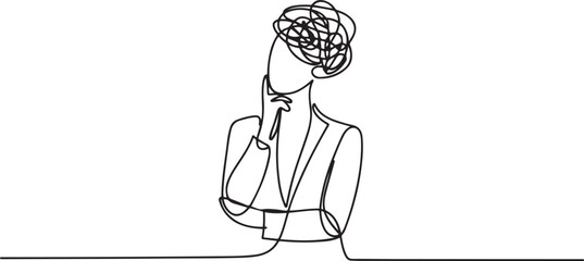 Single continuous line drawing businesswoman with round scribbles instead of head. Female manager standing in thoughtful pose holding her chin thinking and finding answer. one line Icon drawing