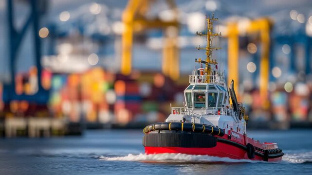 483Red tug boat in the foreground of a city harbor, industrial port equipment and containers softly blurred, sunlight highlighting hull and water reflections, dynamic and realistic ur