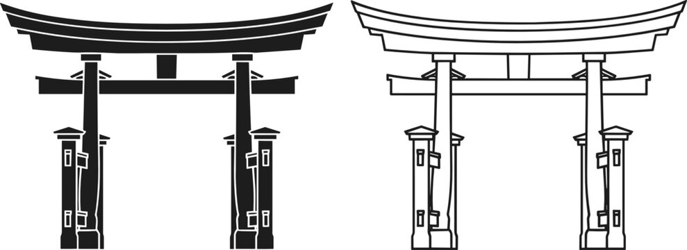 Japanese torii gate icon set in solid and outline style isolated on white background traditional architecture vector