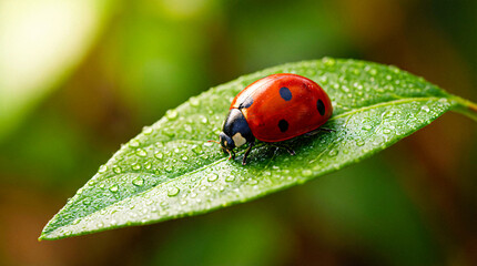 Obraz premium Ladybug on a Dewy Green Leaf