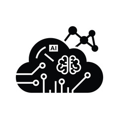 Artificial Intelligence Cloud Computing Icon representing machine learning and neural network data processing in a minimalist black glyph style for modern technology and software development.