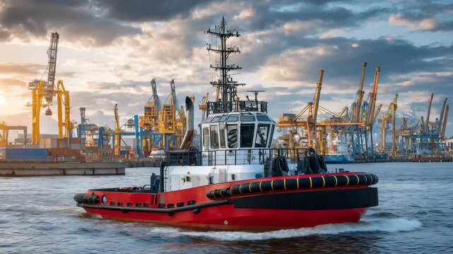 489Side view of a red tug boat in city port, reflections of surrounding industrial cranes and dock equipment on water, sunlight glinting off bright hull, cinematic urban harbor perspe