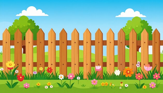 Colorful wooden picket fence with blooming flowers in sunny garden landscape