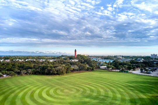 Aerial image of the Manicured Lawn and the grounds of the Jupiter Island Lighthouse in Florida