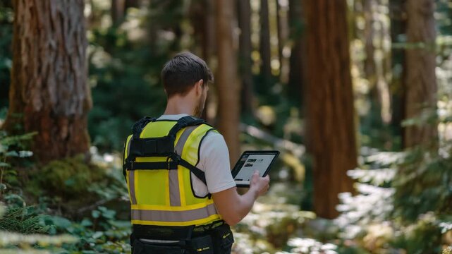 Forestry technician walking along a forest path with tablet in hand, inspecting trees and timber, bright natural sunlight highlighting leaves and bark textures, sustainable forestr