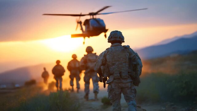 494Rear view of a group of soldiers in full combat gear, silhouetted against sunrise sky, approaching a helicopter, cinematic mist and atmospheric glow highlighting camaraderie and re