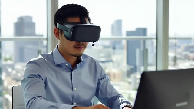 Successful businessman uses VR glasses for online chat in a modern office during an online work meeting