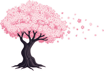 Cherry Blossom Tree in Bloom with Falling Petals on a White Background, Concept of Sakura Season, Japanese Nature Aesthetic, Spring Renewal, and Elegant Floral Art Vector Illustration 