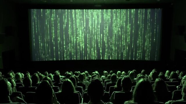 Audience watching a movie with green code on the screen in a dark cinema.