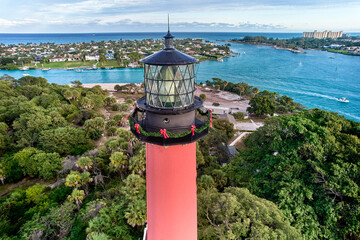 Aerial image of the Jupiter Island Lighthouse in Florida located at the confluence of the Indian and Loxahatchee rivers, and the inlet from the Atlantic Ocean © Jorge Moro