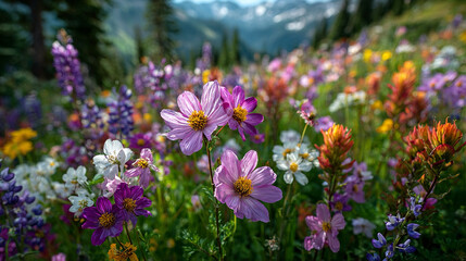 Alpine wildflowers aerial, textured high-altitude floral diversity, sunlight highlighting petals, emphasizing botanical textures, natural patterns, and mountain meadow scenery.